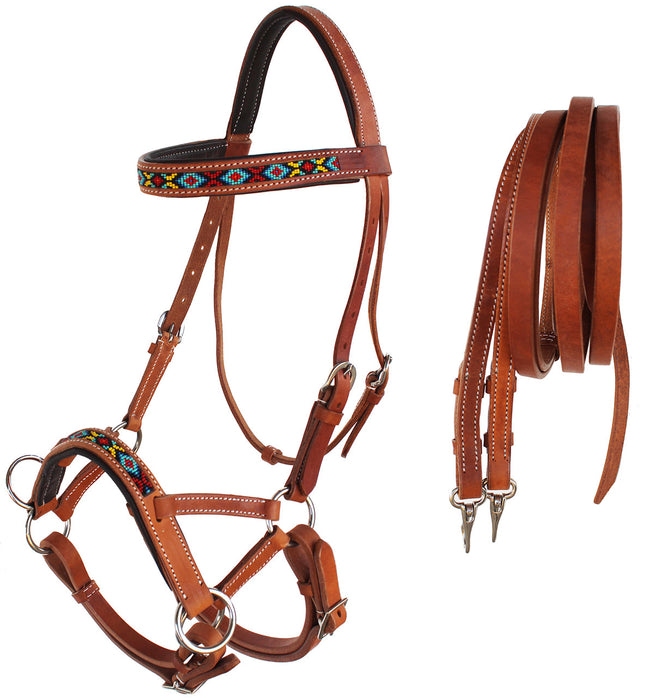 Horse Western Black Leather Tack Beaded Bitless Sidepull Bridle Reins 77RT06