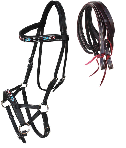 Horse Western Horse Bitless Black Padded Leather Beaded Sidepull Bridle with Reins 77RT07BK