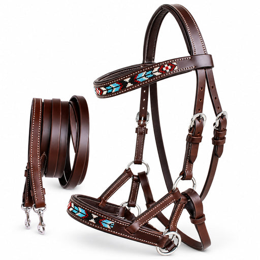 Horse Western Leather Tack Beaded Bitless Sidepull Bridle Reins Brown 77RT07BR-F