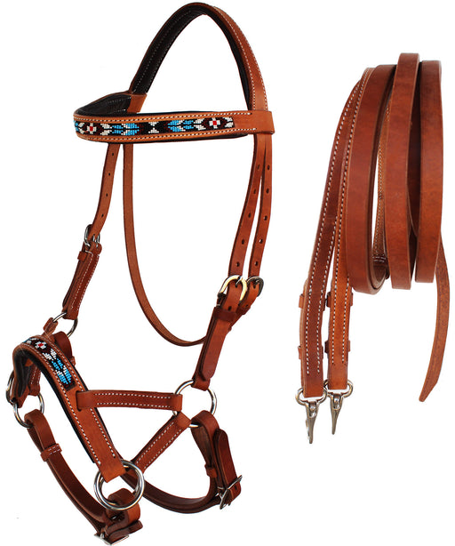 Horse Western Padded Leather Beaded Bitless Sidepull Bridle Reins 77RT07TN-F