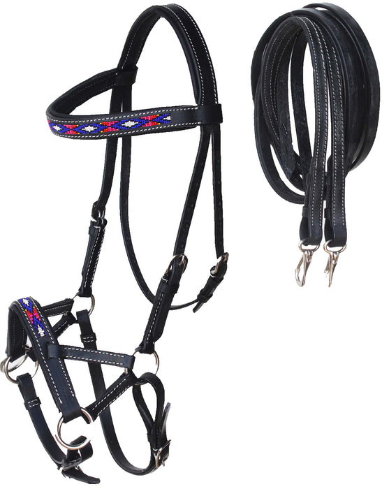 Horse Western Horse Bitless Padded Leather Beaded Sidepull Bridle with Reins 77RT08