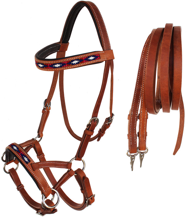 Horse Western Padded Leather Beaded Bitless Sidepull Bridle Reins 77RT08TN-F