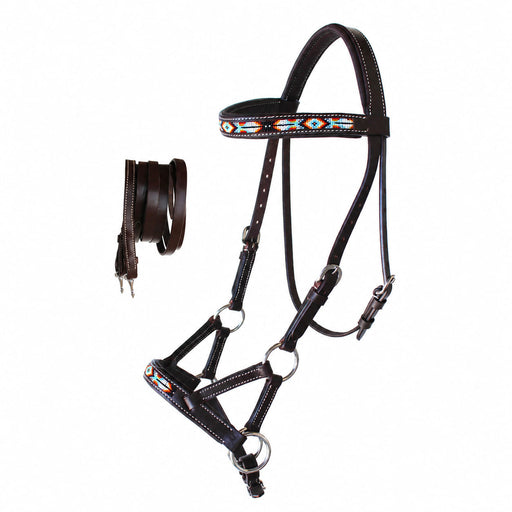 Horse Western Black Leather Bitless Sidepull Beaded Bridle Reins 77RT10