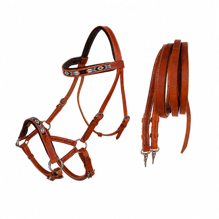 Horse Western Black Leather Bitless Sidepull Beaded Bridle Reins 77RT10