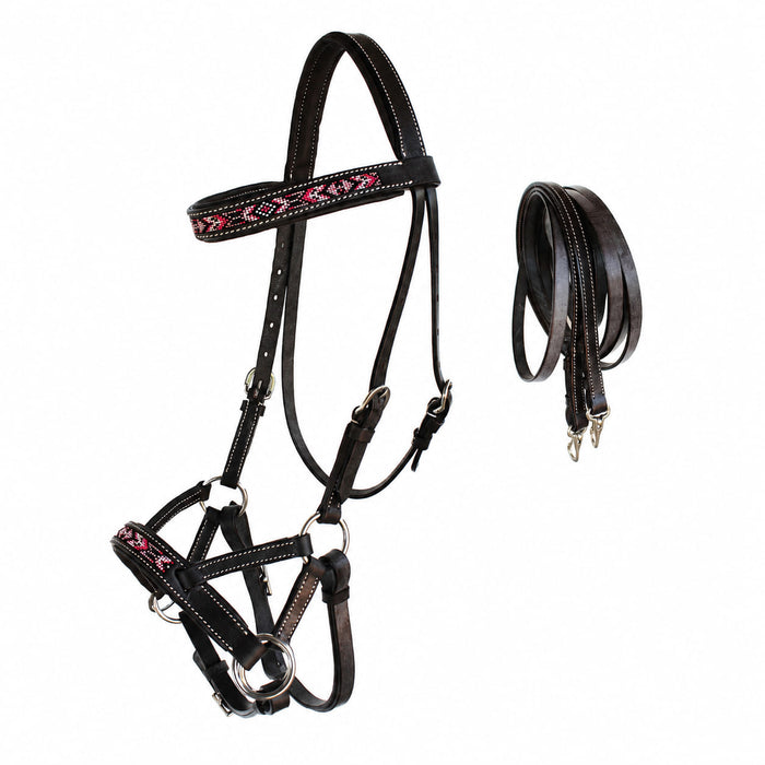 Horse Western Padded Leather Beaded Bitless Sidepull Bridle Reins 77RT13BR-F