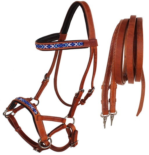 Horse Western Padded Leather Beaded Bitless Sidepull Bridle Reins 77RT14TN-F