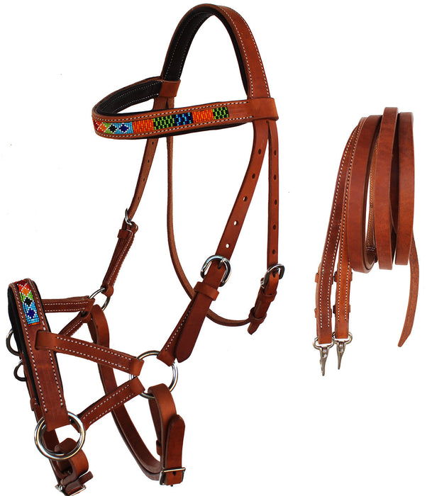 Horse Western Padded Leather Beaded Bitless Sidepull Bridle Reins 77RT15TN-F