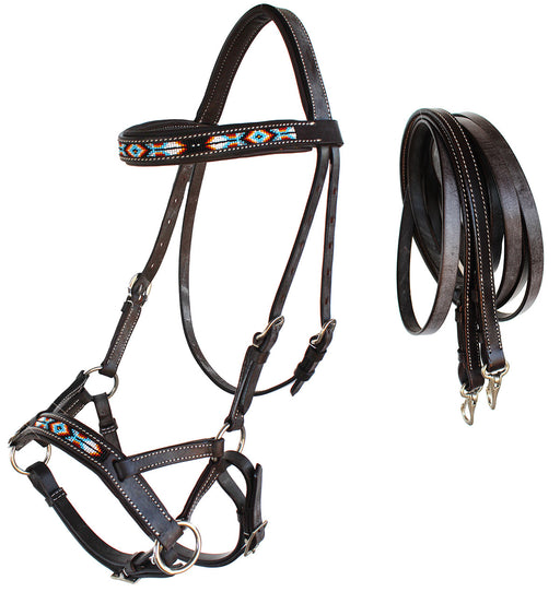 Horse Western Padded Leather Beaded Bitless Sidepull Bridle Reins 77RT16BR-F