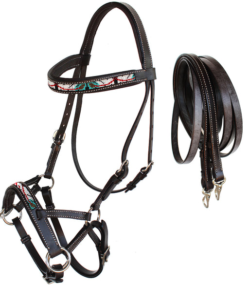 Horse Western Padded Leather Beaded Bitless Sidepull Bridle 77RT18BR-F