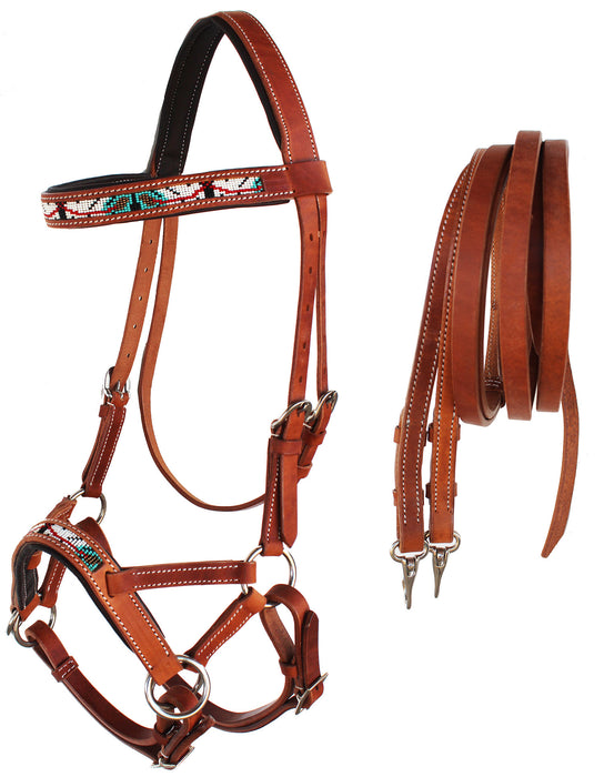 Horse Western Padded Leather Beaded Bitless Sidepull Bridle 77RT18TN-F