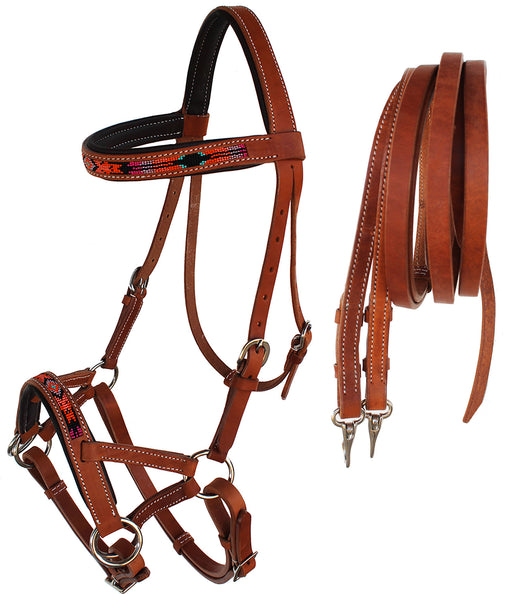 Horse Western Padded Leather Beaded Bitless Sidepull Bridle 77RT19TN-F