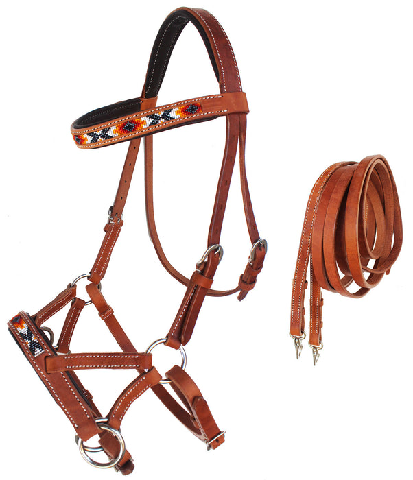 Horse Western Padded Leather Beaded Bitless Sidepull Bridle 77RT20TN-F