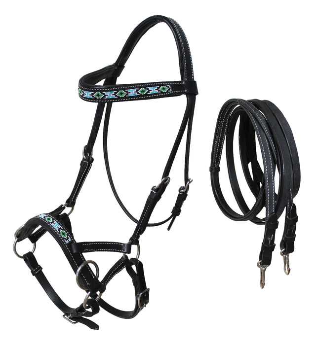 Horse Western Leather Bitless Sidepull Beaded Bridle Reins 77RT22