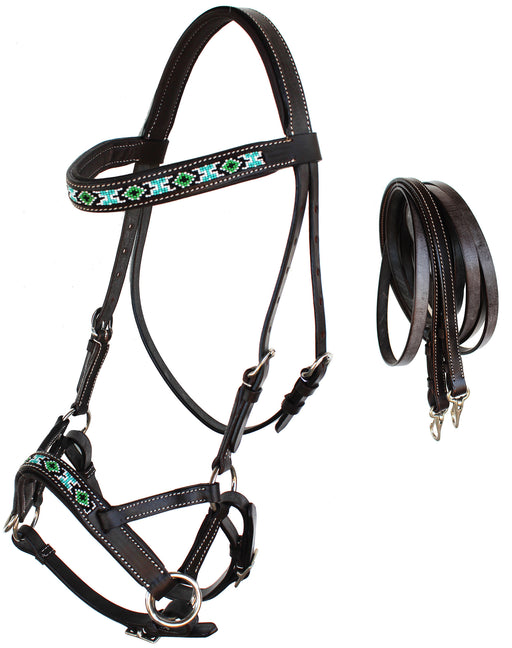 Horse Western Leather Bitless Sidepull Beaded Bridle Reins 77RT22