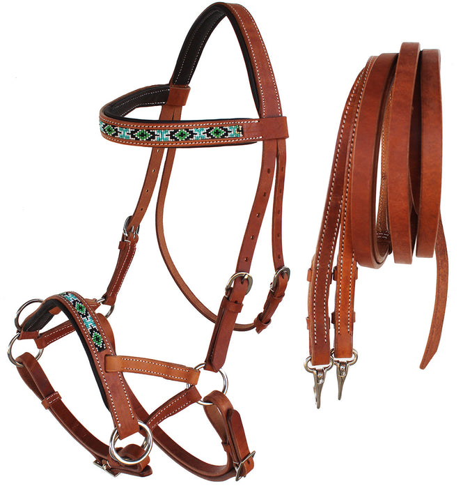 Horse Western Leather Bitless Sidepull Beaded Bridle Reins 77RT22