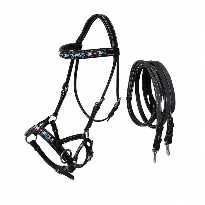 Horse Western Leather Bitless Sidepull Beaded Bridle Reins 77RT23