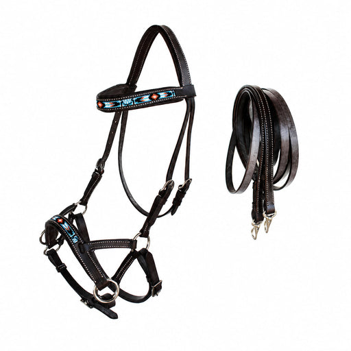 Horse Western Leather Bitless Sidepull Beaded Bridle Reins 77RT23