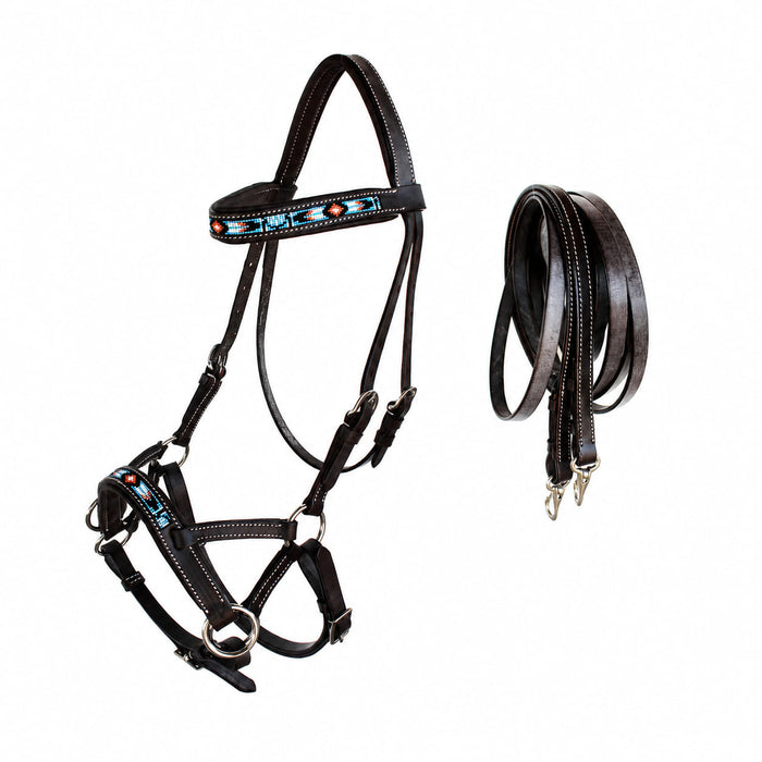 Horse Western Leather Bitless Sidepull Beaded Bridle Reins 77RT23