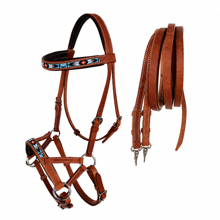 Horse Western Leather Bitless Sidepull Beaded Bridle Reins 77RT23