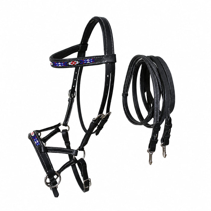 Horse Western Leather Bitless Sidepull Beaded Bridle Reins 77RT24
