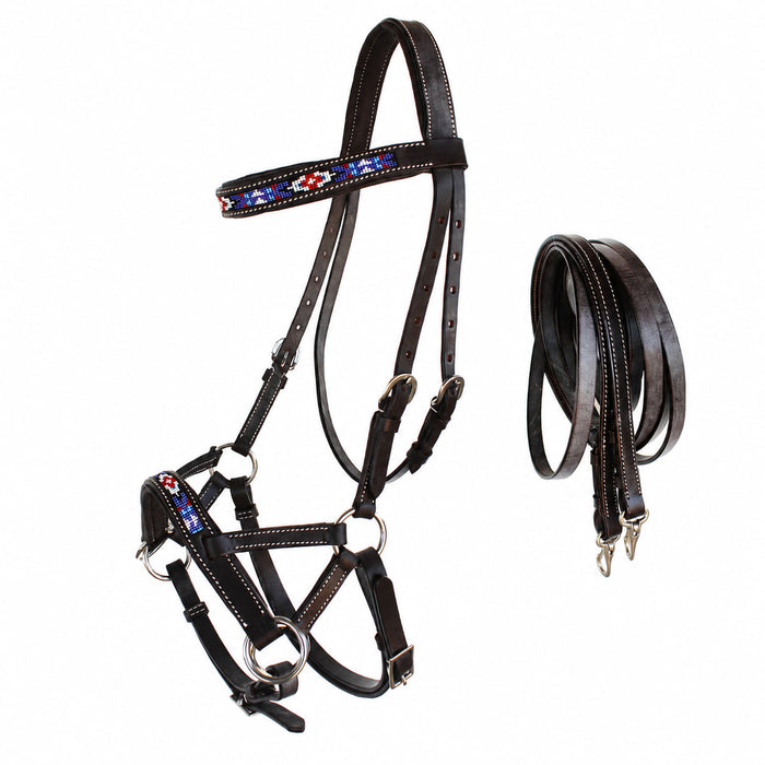 Horse Western Leather Bitless Sidepull Beaded Bridle Reins 77RT24