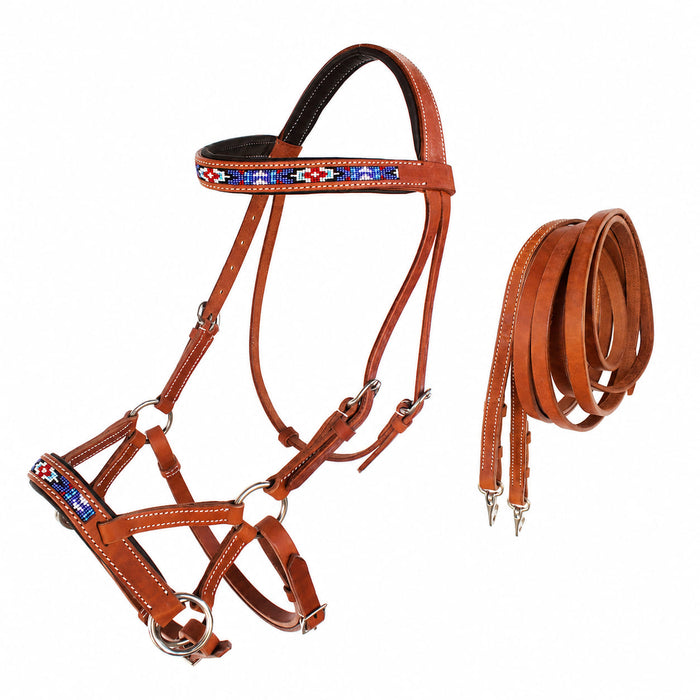 Horse Western Leather Bitless Sidepull Beaded Bridle Reins 77RT24