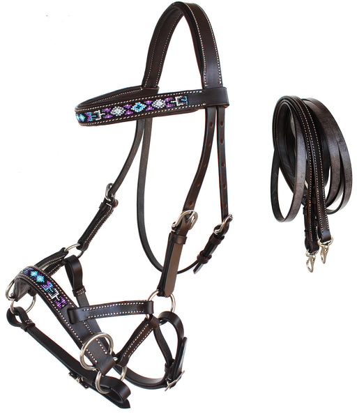 Horse Western Leather Bitless Sidepull Beaded Bridle Reins 77RT25