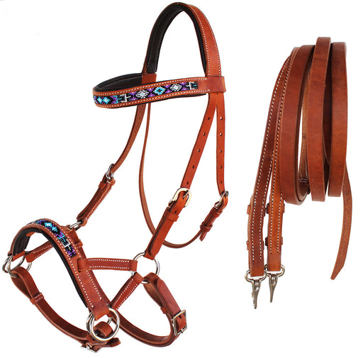 Horse Western Leather Bitless Sidepull Beaded Bridle Reins 77RT25