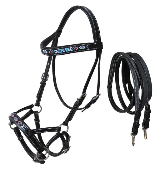Horse Western Black Leather Bitless Sidepull Beaded Bridle Reins 77RT26BK-F