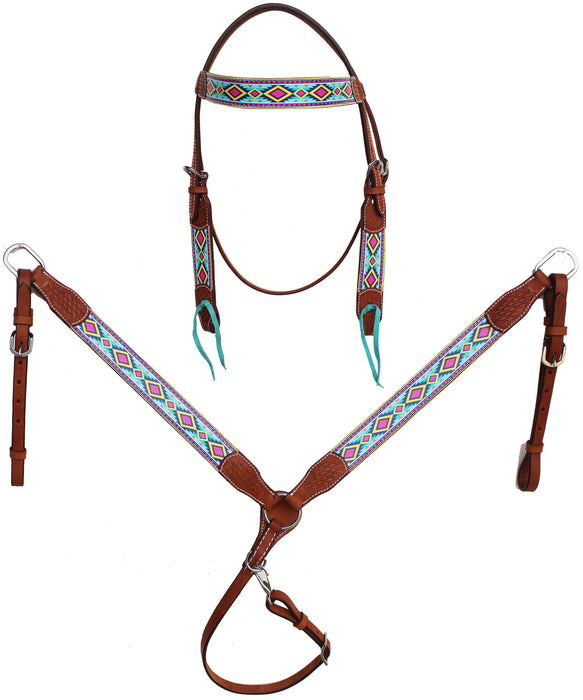 Horse Horse Western Turquoise Aztec Browband Bridle & Breast Collar Tack Set 78211B