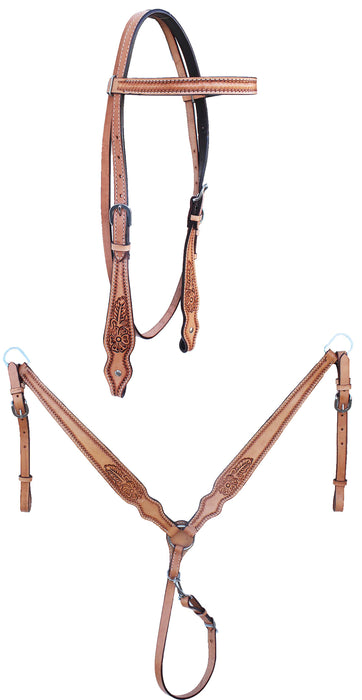 Horse Floral Tooled Leather Headstall Bridle & Breast Collar Tack Set 78AD05B