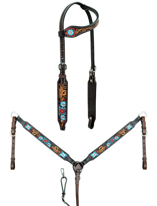 Horse Western Floral Tooled One Ear Bridle & Breast Collar Tack Set 78AD17A