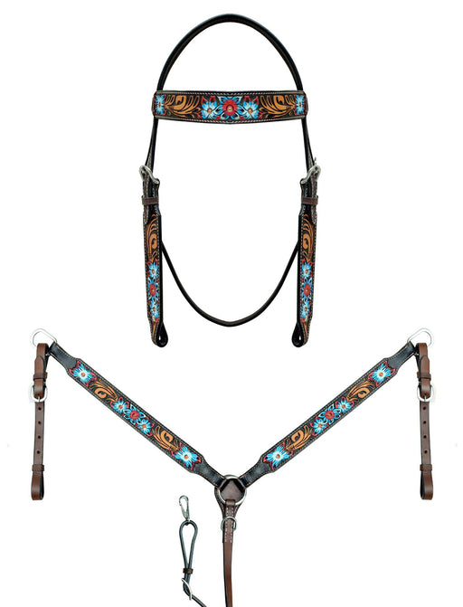 Horse Western Floral Tooled Browband Bridle & Breast Collar Tack Set 78AD17B