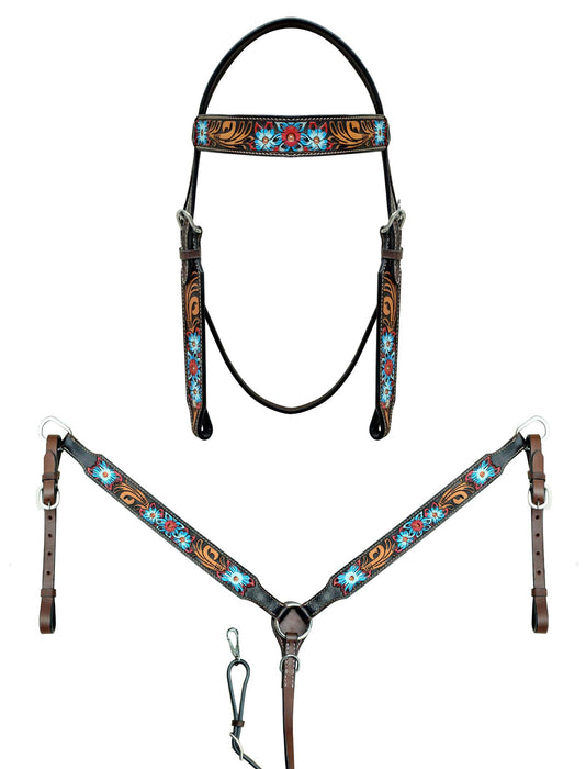 Horse Western Floral Tooled Browband Bridle & Breast Collar Tack Set 78AD17B