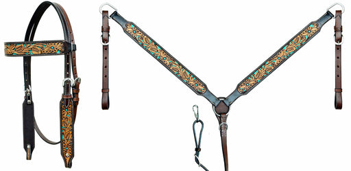 Horse Horse Western Floral Tooled Browband Bridle & Breast Collar Tack Set 78AD19B