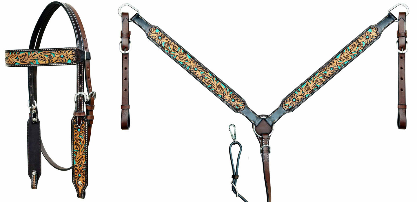 Horse Horse Western Floral Tooled Browband Bridle & Breast Collar Tack Set 78AD19B