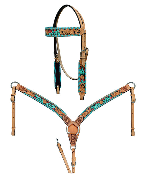 Horse Western Cactus Tooled Browband Bridle Breast Collar Tack Set Rodeo 78AD20B