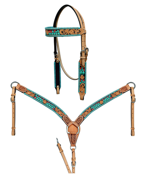 Horse Western Cactus Tooled Browband Bridle Breast Collar Tack Set Rodeo 78AD20B