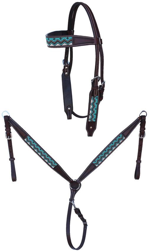Horse Western Brown Leather Cross Beaded Bridle & Breast Collar Tack Set 78AD21B