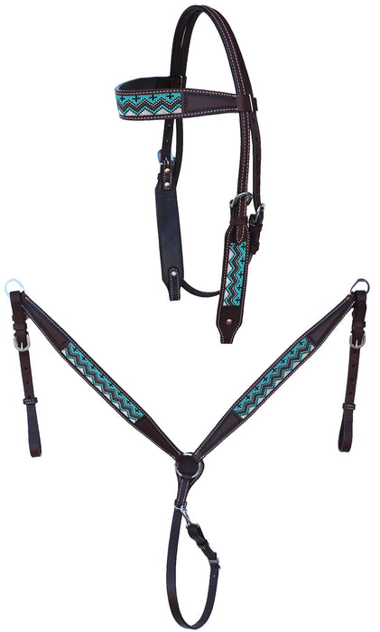 Horse Western Brown Leather Cross Beaded Bridle & Breast Collar Tack Set 78AD21B