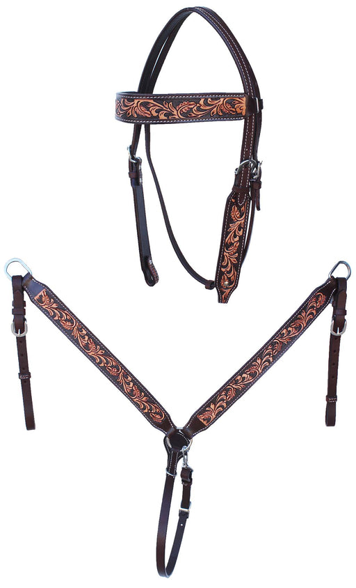 Horse Western Tooled Brown Leather Browband Bridle Breast Collar Tack 78AD22B
