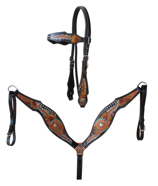 Horse Floral Tooled Browband Bridle & Breast Collar Set