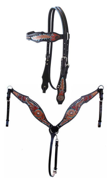Horse Floral Tooled Browband Bridle & Breast Collar Set