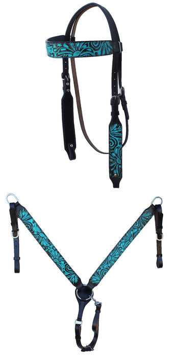 Horse Floral Tooled Browband Bridle & Breast Collar Set