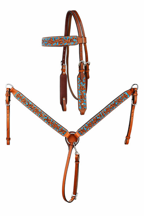 Horse Floral Tooled Browband Bridle & Breast Collar Set