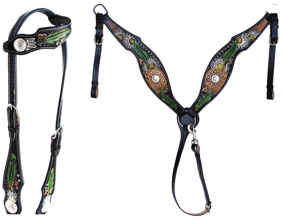 Horse Floral Tooled Browband Bridle & Breast Collar Set