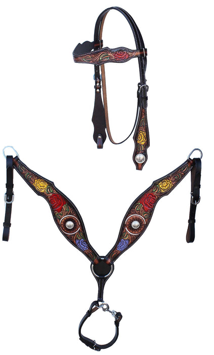 Horse Floral Tooled Browband Bridle & Breast Collar Set