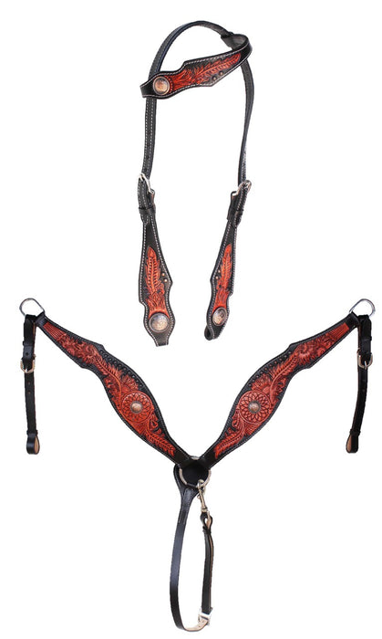 Horse Floral Tooled Browband Bridle & Breast Collar Set