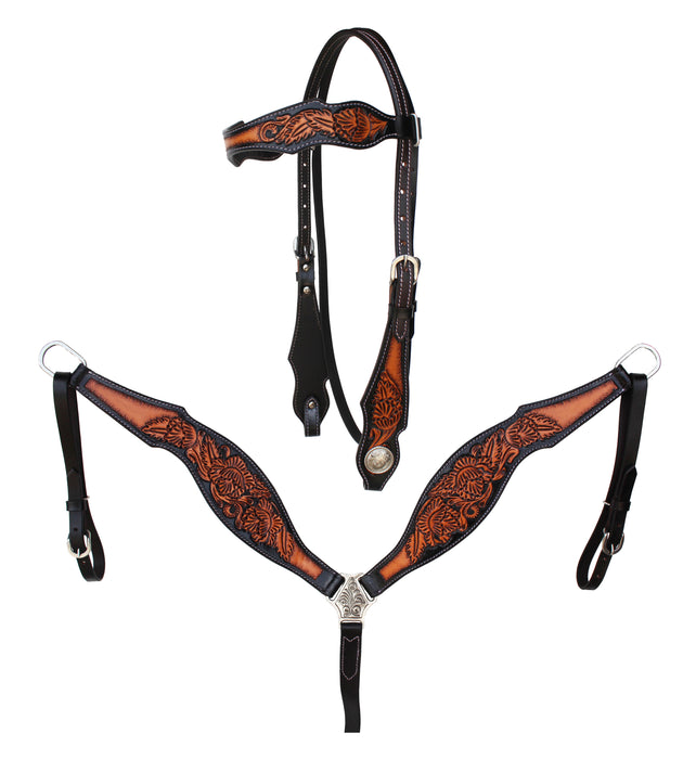 Horse Floral Tooled Browband Bridle & Breast Collar Set