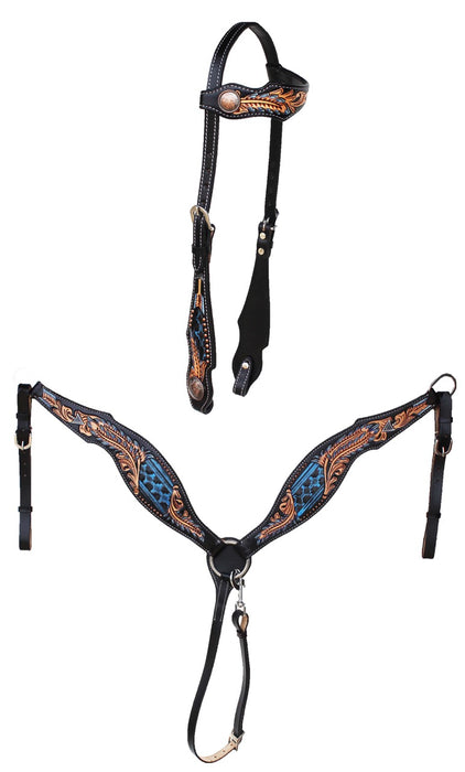 Horse Horse Western Feather Tooled One Ear Bridle & Breast Collar Set Blue 78FK15A